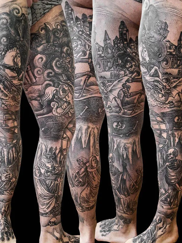 black and grey engraving tattoo on full leg #22733 | Tattoo Artist Marcin Pawlus