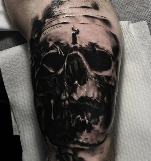 black and grey black and grey tattoo on calf #5041 | Tattoo Artist Kurt Staudinger