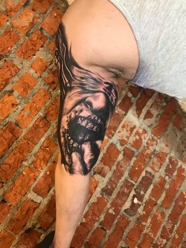 black and grey realism татуировка на full sleeve #38425 | Тату мастер Алексей Мазунин