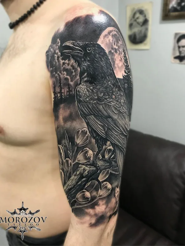 male black and grey black and grey 纹身 在 full sleeve #51048 | 纹身师 Слава Морозов