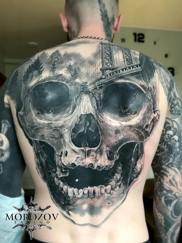 male black and grey realism 纹身 在 full back #51060 | 纹身师 Слава Морозов