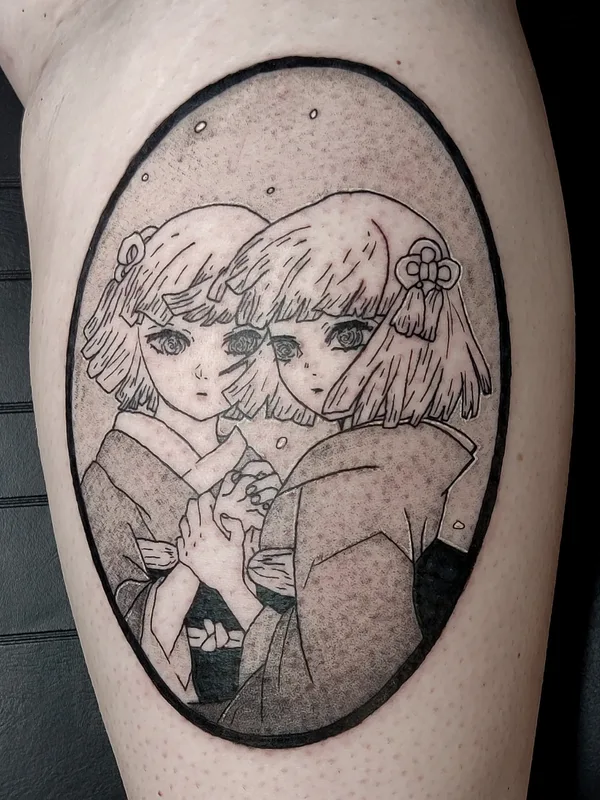 black and grey anime татуировка на thigh #64371 | Тату мастер Violetta Shargorodska