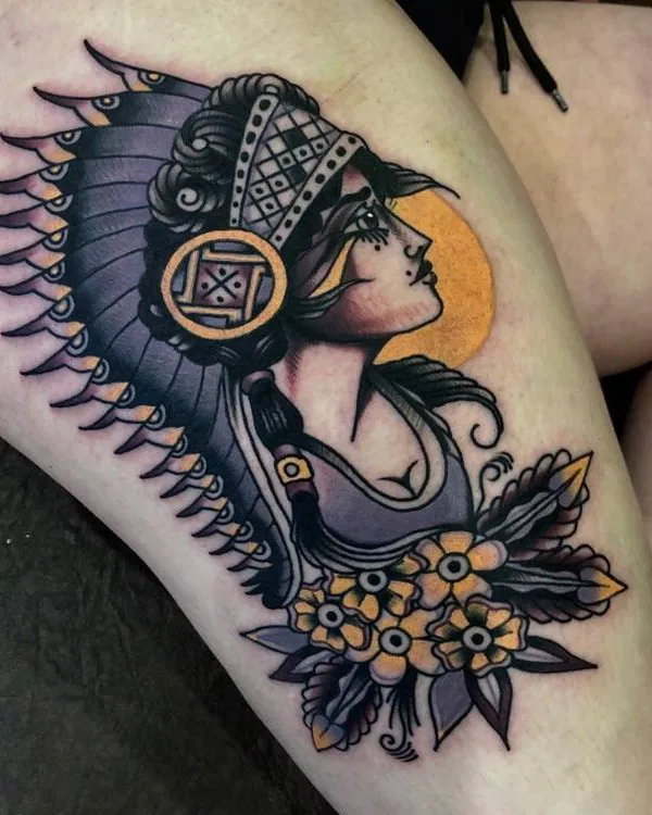 female color neo traditional tattoo on thigh #29480 | Tattoo Artist Babaev Ivan