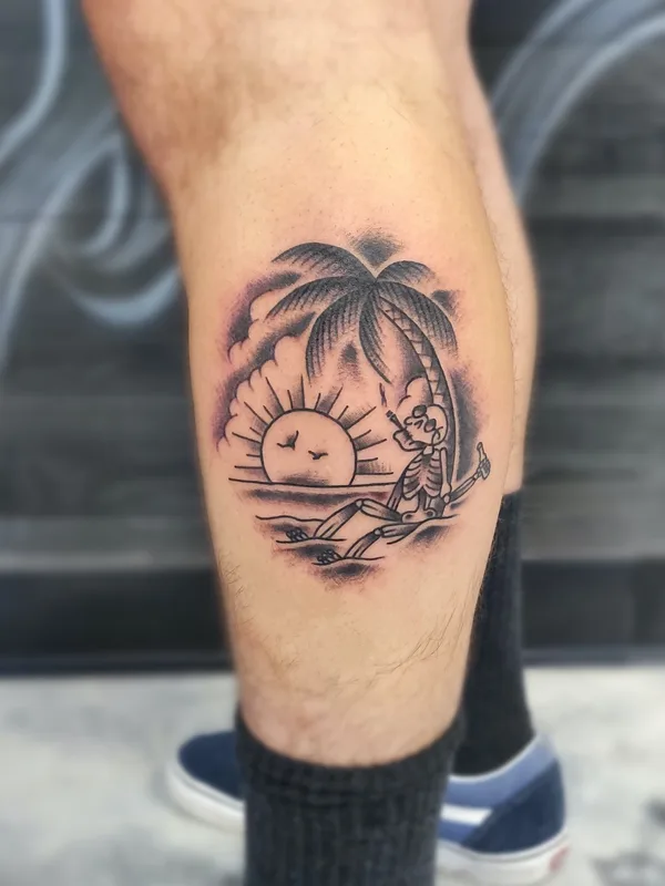 black and grey old school tatuaje en calf #66437 | Tatuador Sergey Fish