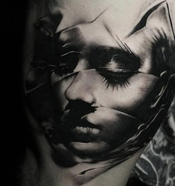 female black and grey realism tattoo on neck #5040 | Tattoo Artist Kurt Staudinger