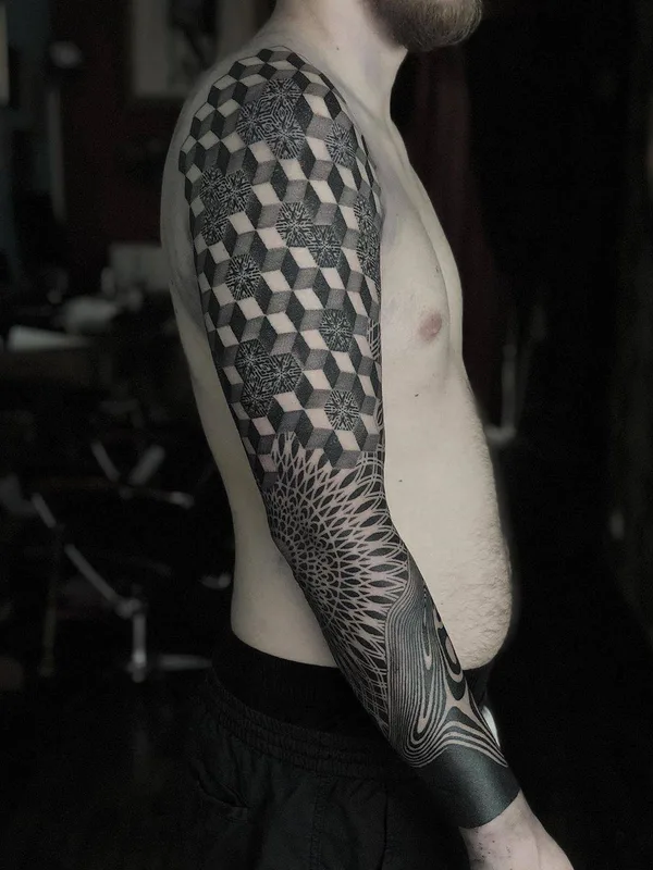male black and grey geometric татуировка на full sleeve #31223 | Тату мастер Eric Stricker