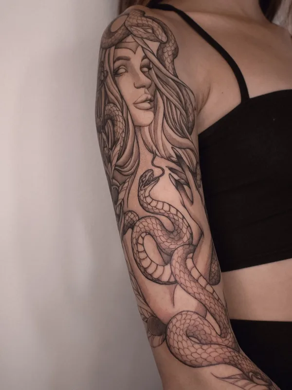 female black and grey black and grey татуировка на full sleeve #55464 | Тату мастер Полина Лихачева | Polyashatattoo