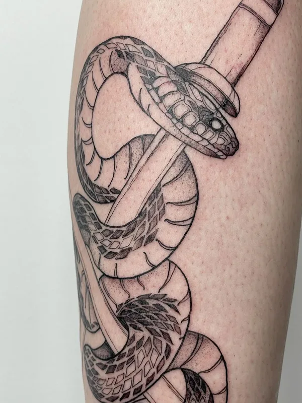 black and grey blackwork 纹身 在 calf #55503 | 纹身师 Настя mlvtsktattoo