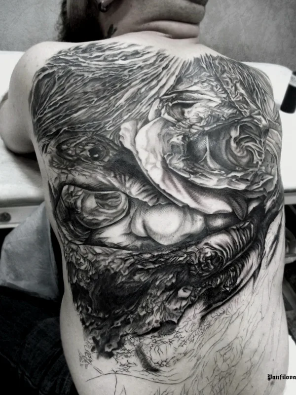 black and grey realism 타투 부위 full back #73578 | 타투이스트 Юлия Панфилова