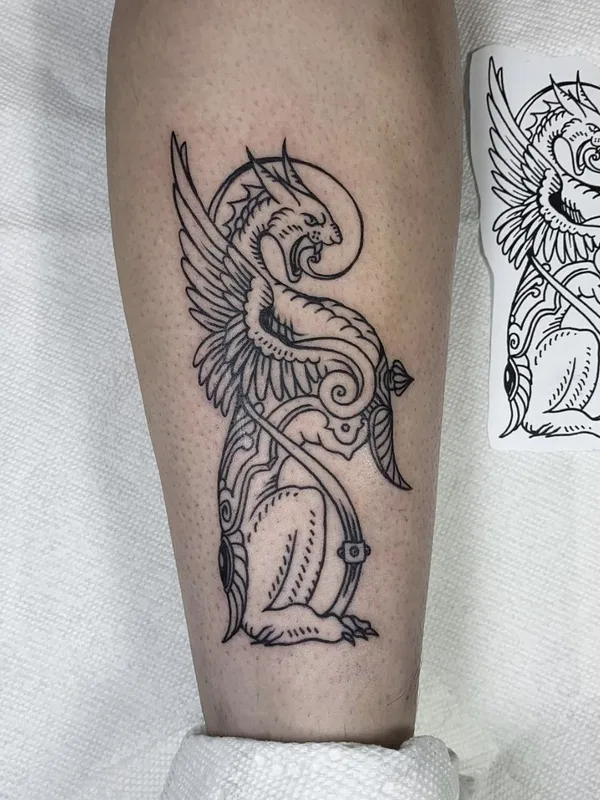 black linework tattoo on calf #59686 | Tattoo Artist Бажен Никитин