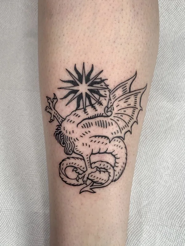 black linework tattoo on calf #59685 | Tattoo Artist Бажен Никитин