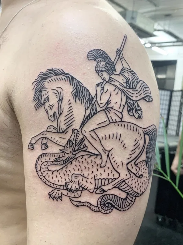 male black linework tattoo on shoulder #59684 | Tattoo Artist Бажен Никитин
