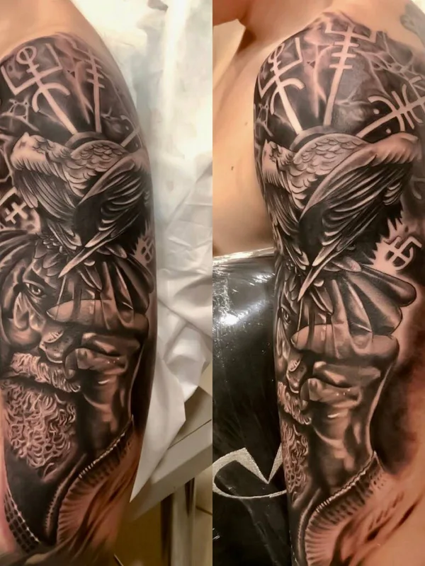 male black and grey black and grey татуировка на full sleeve #33883 | Тату мастер Deni Marengo