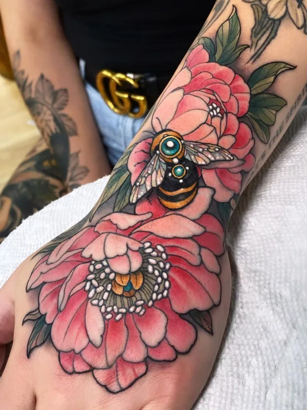 female color illustrative tatouage sur hand #45385 | Artiste tatoueur Arielle Gagnon