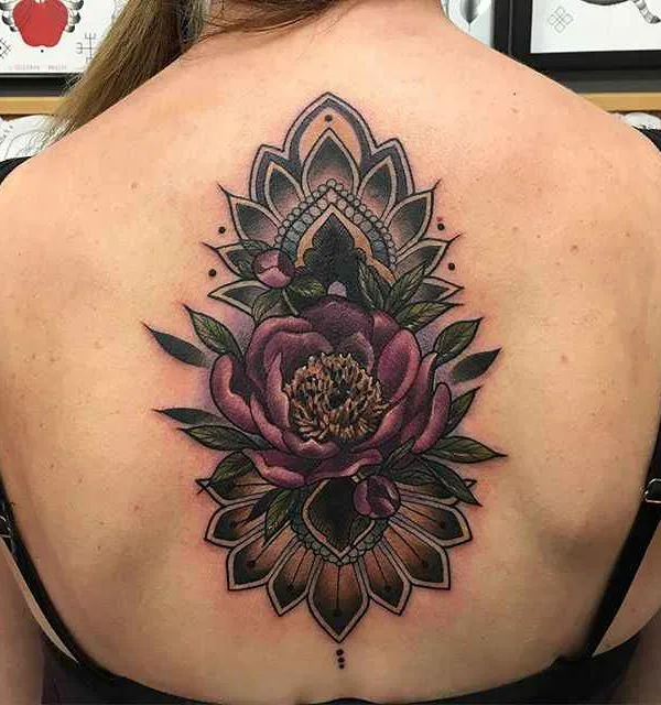 female color ornamental tattoo on upper back #316 | Tattoo Artist Makkala Rose