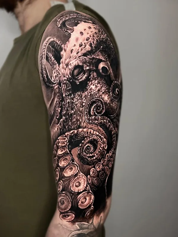 black and grey realism татуировка на full sleeve #62670 | Тату мастер Виктория Левенец