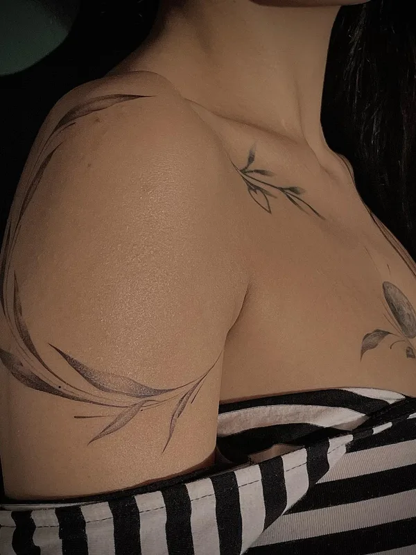 female black botanic tattoo on shoulder #62689 | Tattoo Artist Gevorg Grigoryan