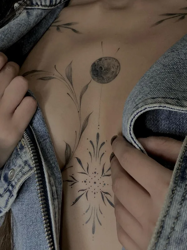 female black and grey fineline tattoo on chest #62686 | Tattoo Artist Gevorg Grigoryan