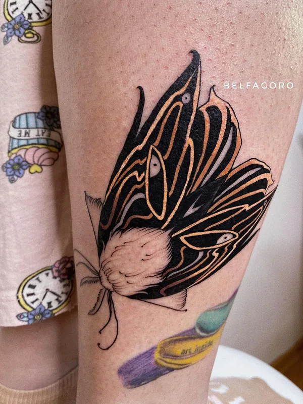 black and grey illustrative татуировка на thigh #62710 | Тату мастер belfagoro