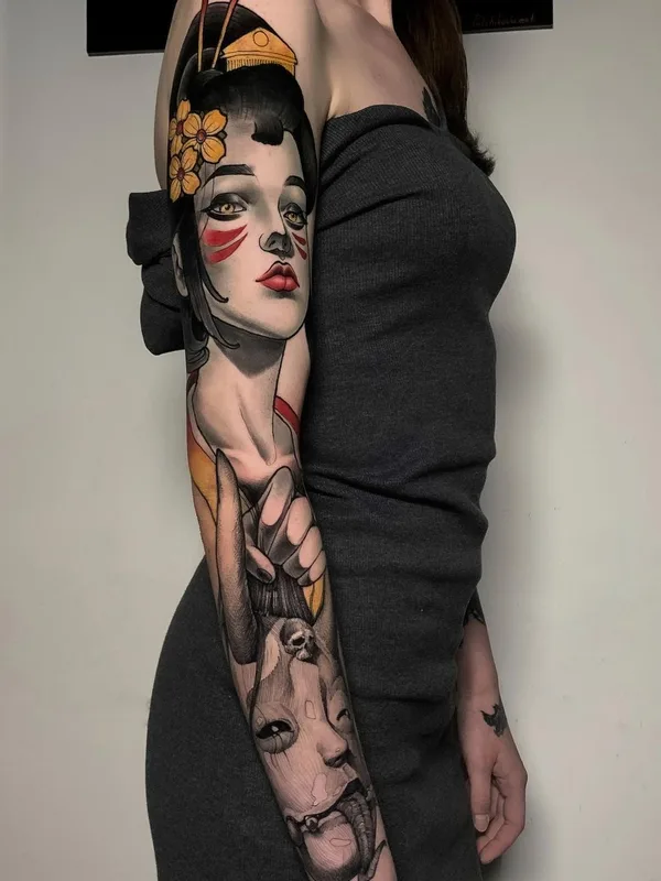 female color neo traditional татуировка на full sleeve #62717 | Тату мастер Даурен Усенов