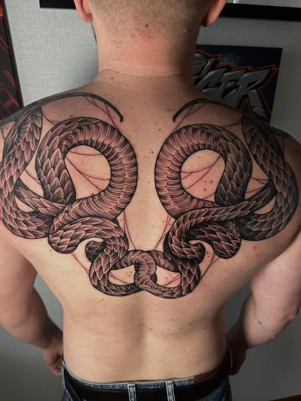 male black and grey blackwork татуировка на upper back #62721 | Тату мастер Даурен Усенов