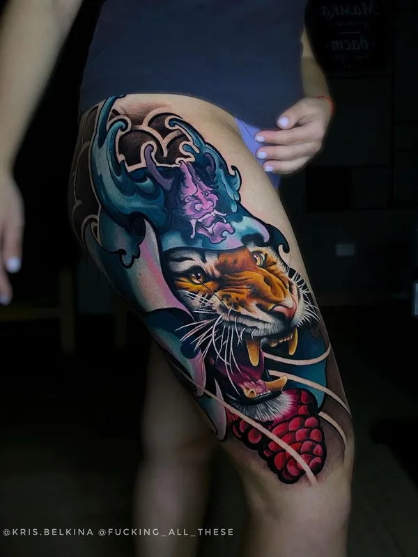 female color japanese tatuaje en thigh #62738 | Tatuador Kris Belkina