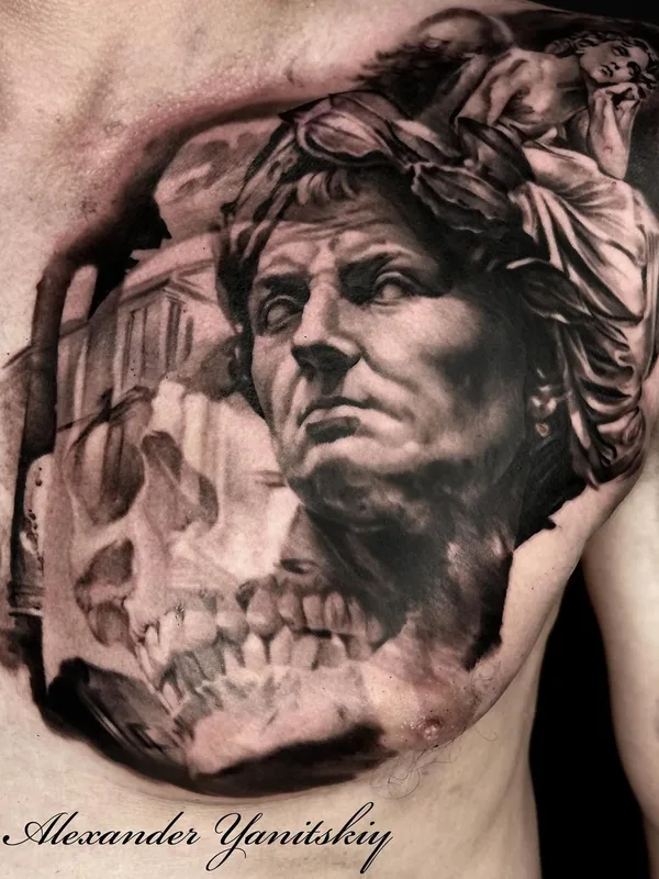 male black and grey realism татуировка на chest #62757 | Тату мастер Alexander Yanitskiy