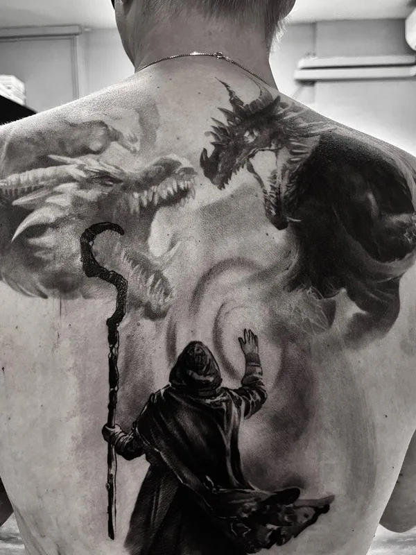 black and grey realism татуировка на full back #62760 | Тату мастер Alexander Yanitskiy
