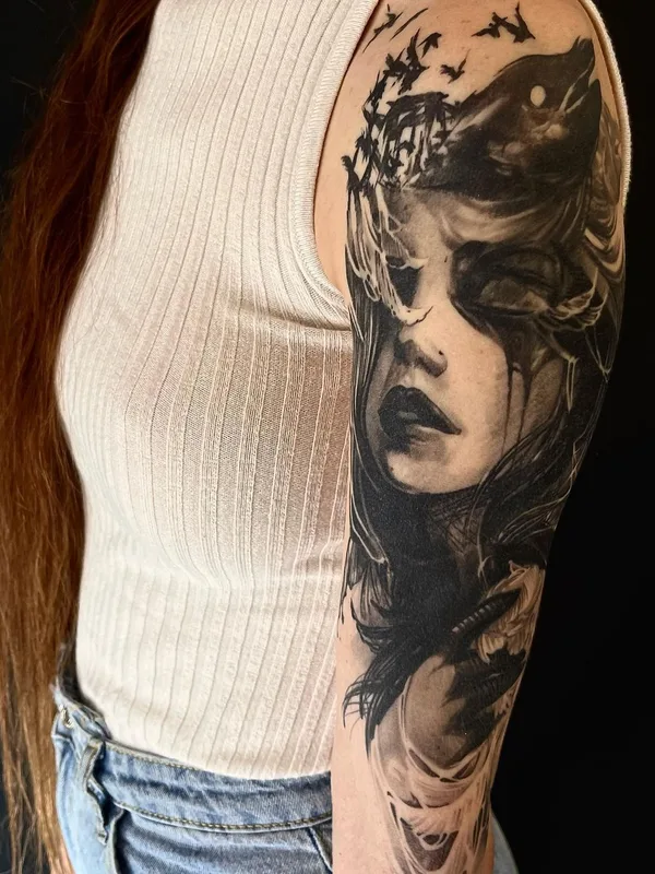 female black and grey black and grey татуировка на full sleeve #62765 | Тату мастер Alexander Yanitskiy