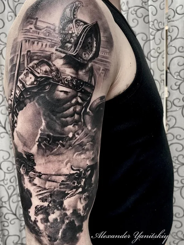 male black and grey realism татуировка на full sleeve #62763 | Тату мастер Alexander Yanitskiy