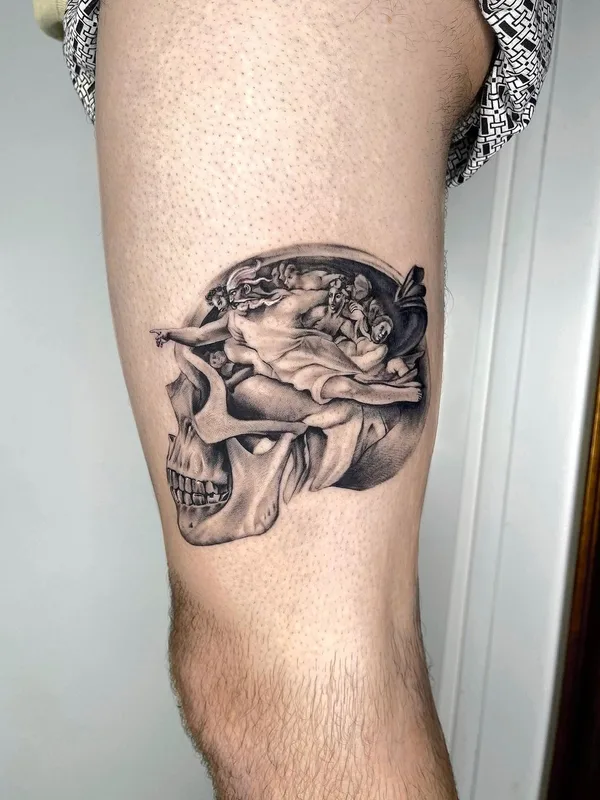 male black and grey realism tattoo on thigh #62797 | Tattoo Artist SharonWolf