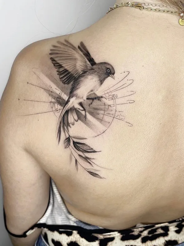 female black and grey realism tattoo on shoulder blade #62801 | Tattoo Artist SharonWolf