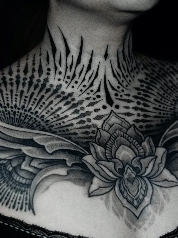 female black ornamental tattoo on neck, chest #64434 | Tattoo Artist Alex White