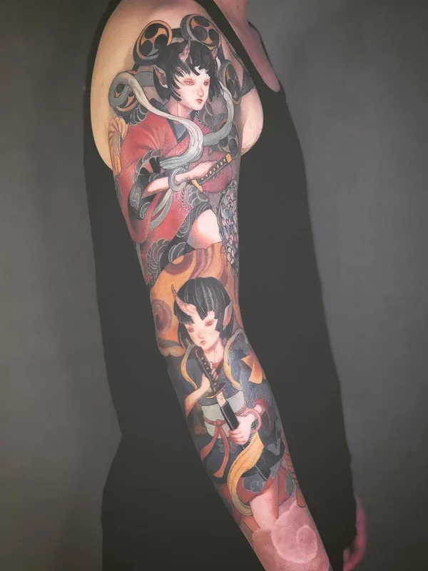 color japanese tatouage sur full sleeve #30482 | Artiste tatoueur Kubrick Ho