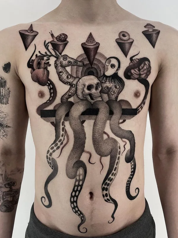 male black and grey surrealism tatuaje en chest #58904 | Tatuador Sinsa