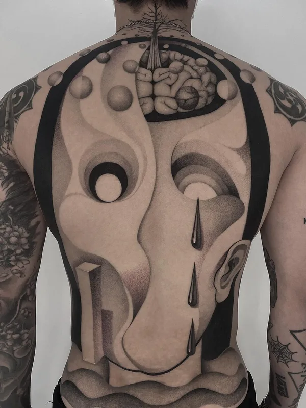 male black and grey surrealism tatuaje en full back #58905 | Tatuador Sinsa