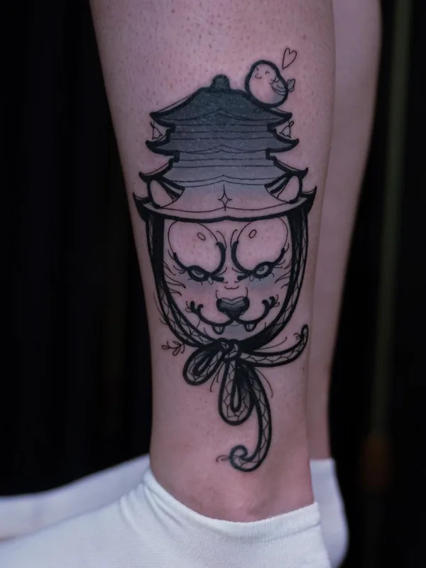 black and grey blackwork tattoo on calf #45402 | Tattoo Artist Mexica