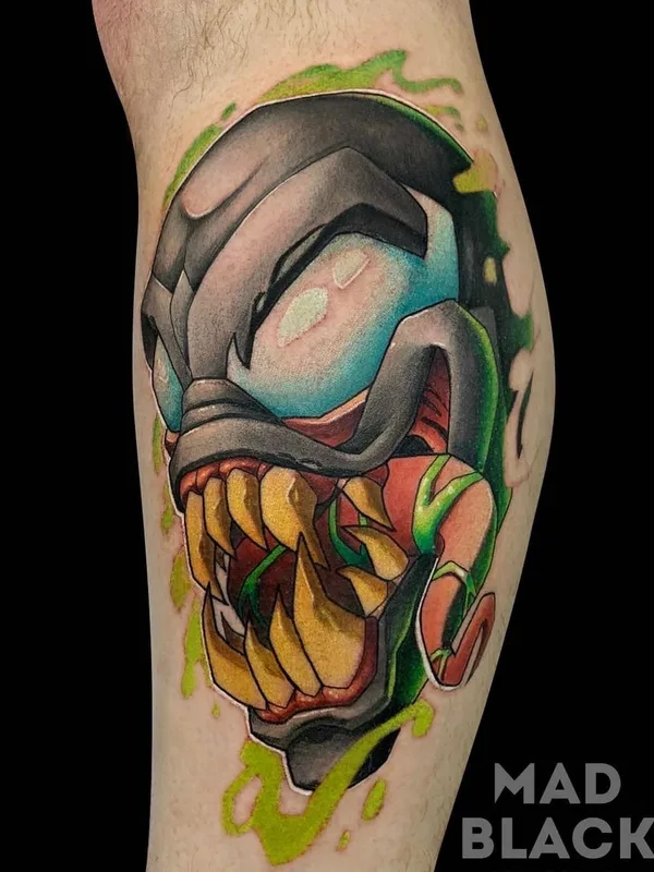 color new school tatuaje en calf #45436 | Tatuador Всеволод Злая Собака