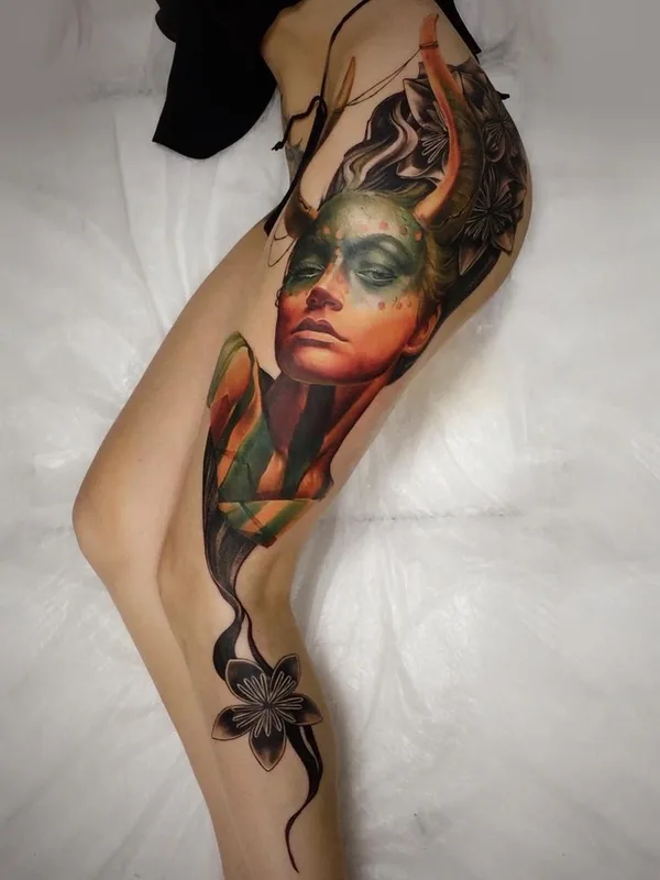 female color realism 纹身 在 thigh #45487 | 纹身师 Карина Куба 
