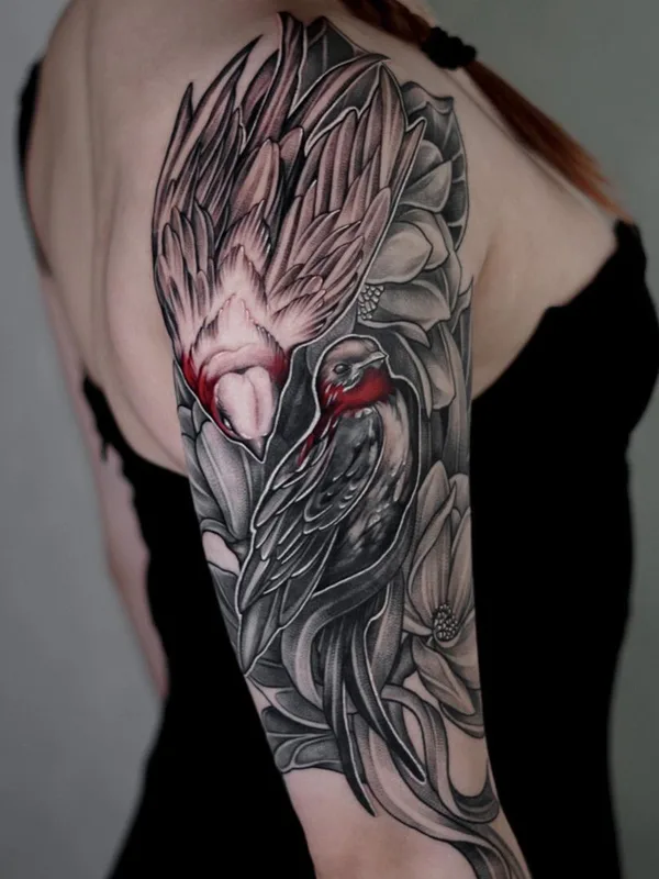 female black and grey illustrative татуировка на full sleeve #45505 | Тату мастер Любава Деркач