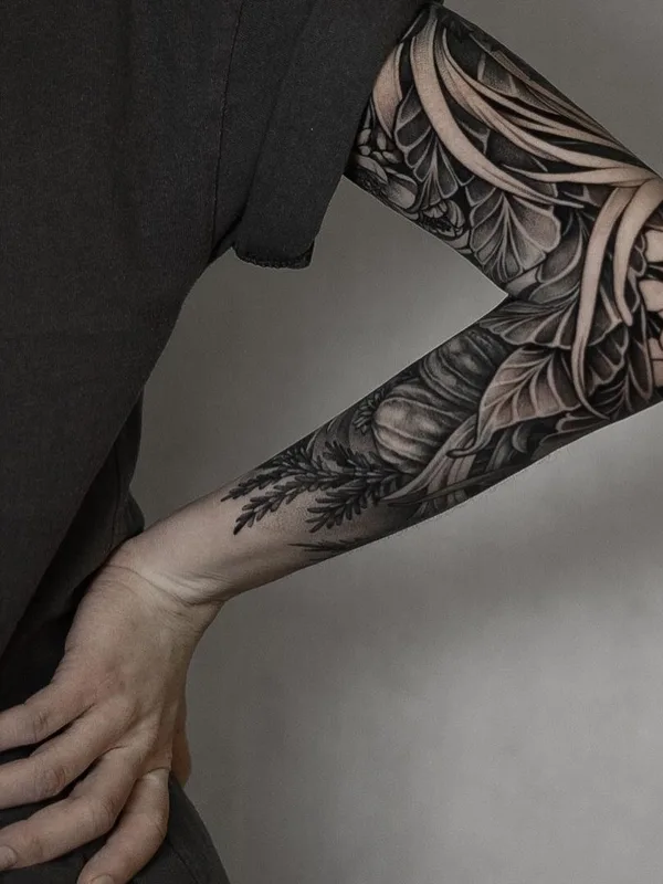 black and grey blackwork татуировка на full sleeve #45499 | Тату мастер Любава Деркач