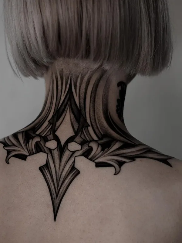 female black and grey ornamental татуировка на back of neck #45503 | Тату мастер Любава Деркач