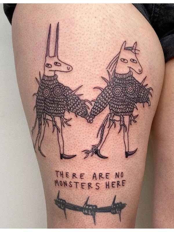 black linework tattoo auf thigh #60371 | Tätowierer Bowser