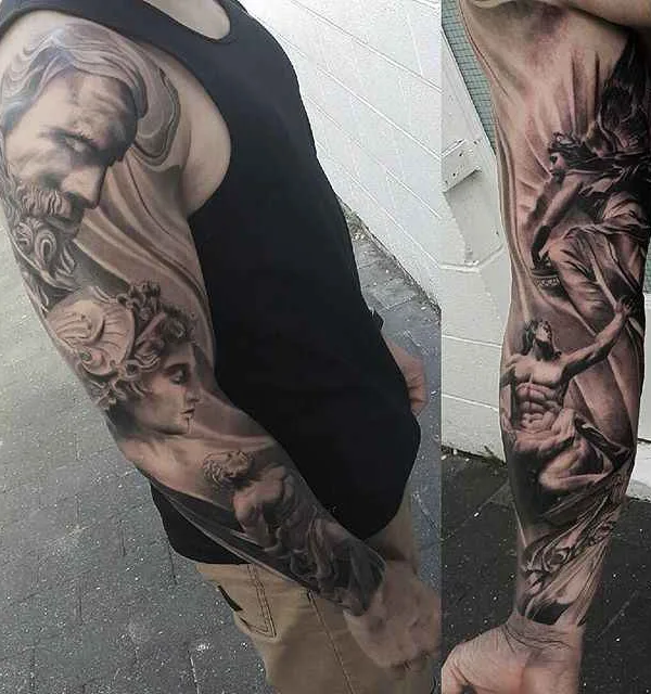 male black and grey realism tatouage sur full sleeve #75 | Artiste tatoueur Karl van der Linden