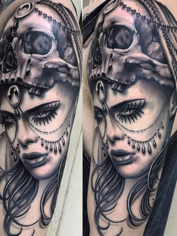 female black and grey realism tattoo on upper arm #9469 | Tattoo Artist Ryan Ashley Malarkey