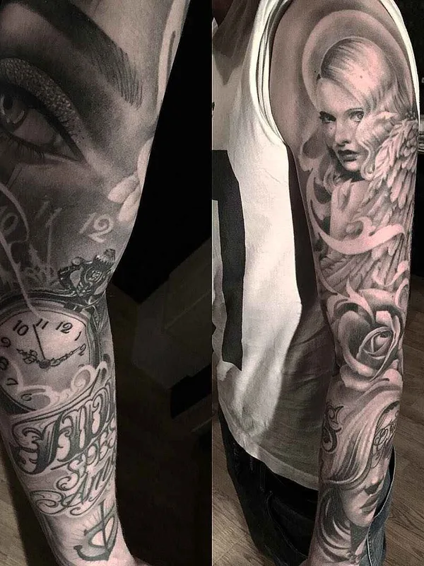 black and grey realism tattoo auf full sleeve #1185 | Tätowierer Niceguy Chris Tattoo