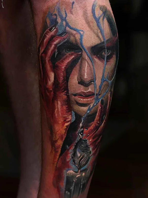 female color realism tattoo on calf #1746 | Tattoo Artist Dongkyu Lee (Qtattoo)