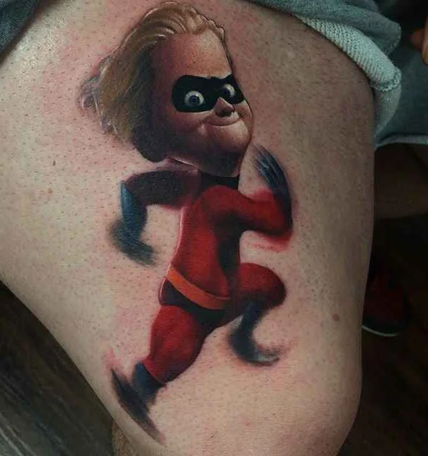 color cartoon tattoo auf thigh #349 | Tätowierer Kyle Cotterman