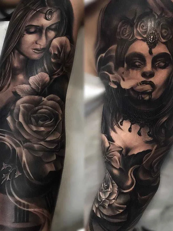 black and grey realism татуировка на full sleeve #1141 | Тату мастер Gabriel Gonzalez