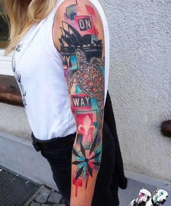female color illustrative tattoo auf full sleeve #9128 | Tätowierer Dynoz Art Attack